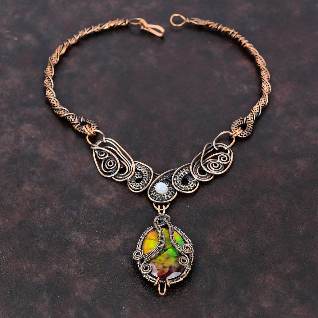 Faceted Ammolite Necklace Copper Wire Wrapped Necklace Rainbow Moonstone Jewelry Gemstone Necklace Handmade Copper Jewelry Anniversary Gift