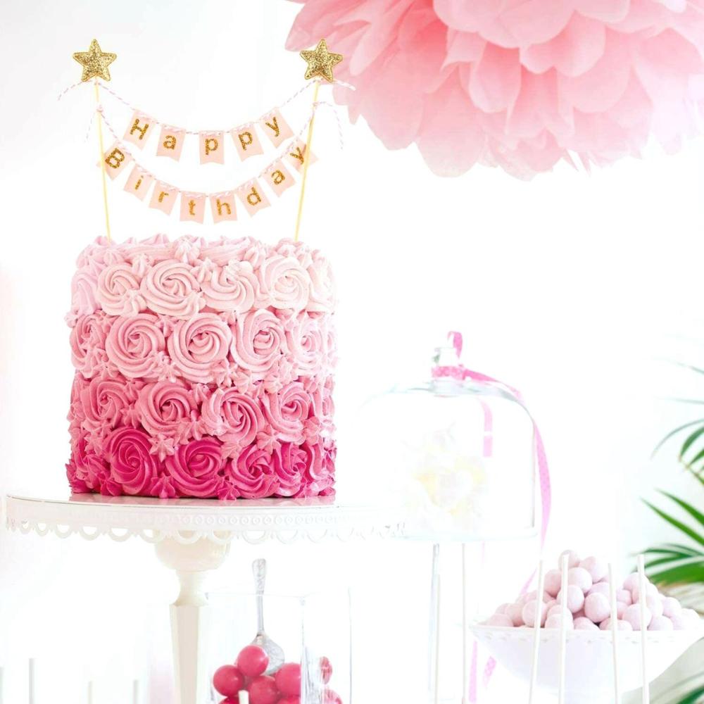 Shower Gold Stars Banner Happy Birthday Baking Decoration Cake Flags Cake Topper Party Supplies