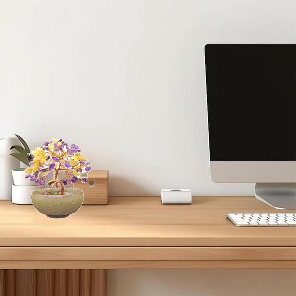 Керамическая основа Дерево из натуральных кристаллов Позитивная энергия Удача Фигурка Дерево богатства из драгоценных камней Дом