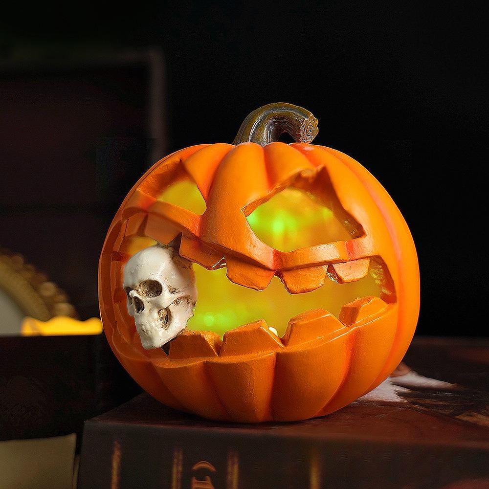 Halloween Pumpkin Decoration with Lights Halloween Spooky Skull Figurines Lantern Indoor Ornaments for Tabletop Desk Home