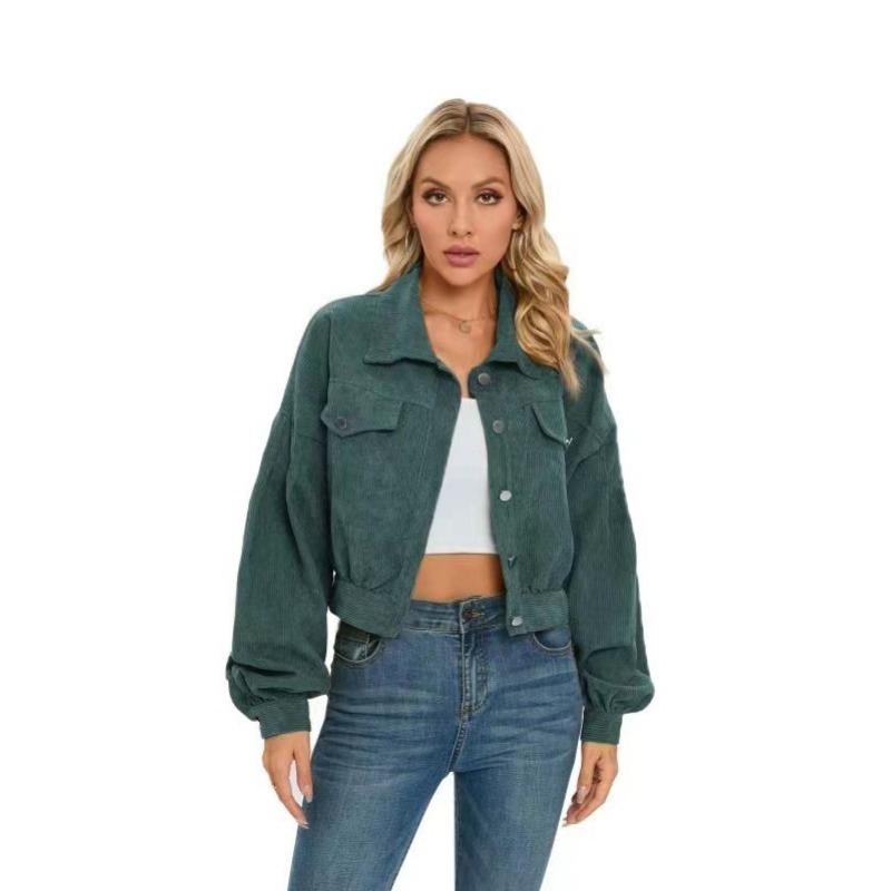 Женская повседневная вельветовая куртка с лацканами, осенне-зимняя однобортная короткая куртка с рукавами-фонариками