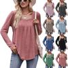 Women's Autumn Winter Leisure Bubble Sleeve Square Neck Pleated Long Sleeve T-shirt