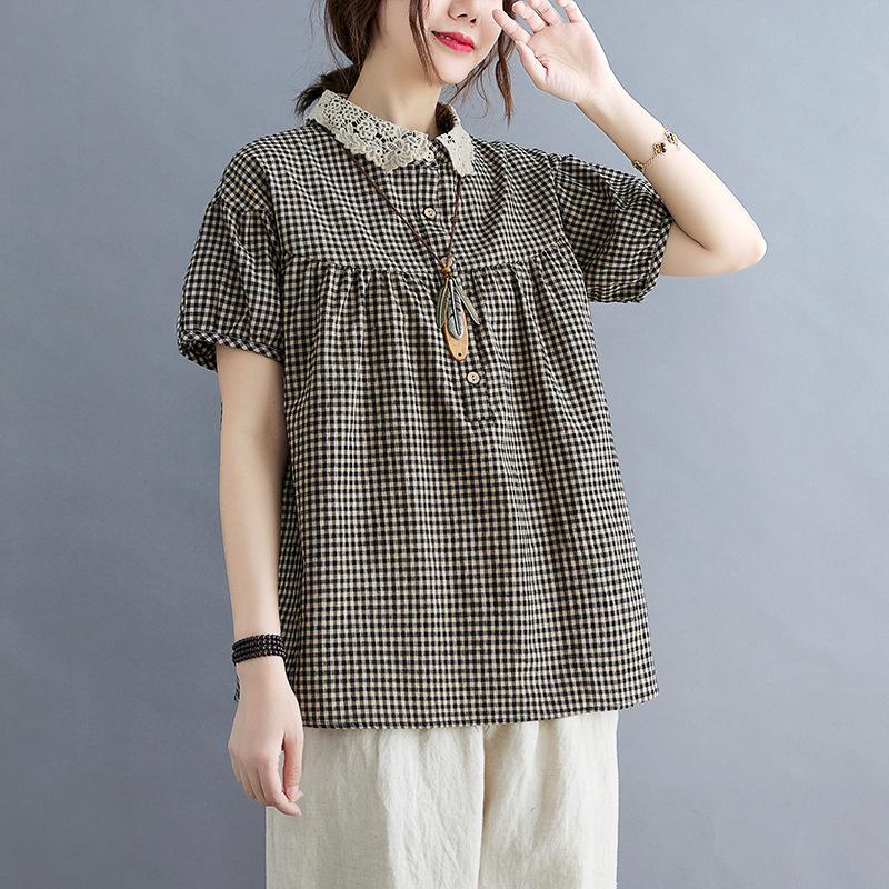 2021 Лето Большой размер Пэчворк Женская Хлопково-льняная Клетчатая Блузка с воротником Питер Пэн Приталенная С коротким рукавом