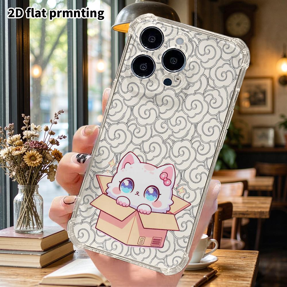 Чехол для телефона: 2D плоский, подходит для iPhone 18 17 16 15 14 13 Pro, прозрачный защитный чехол с усиленными углами, маленький белый котенок на картонной коробке, Рождество