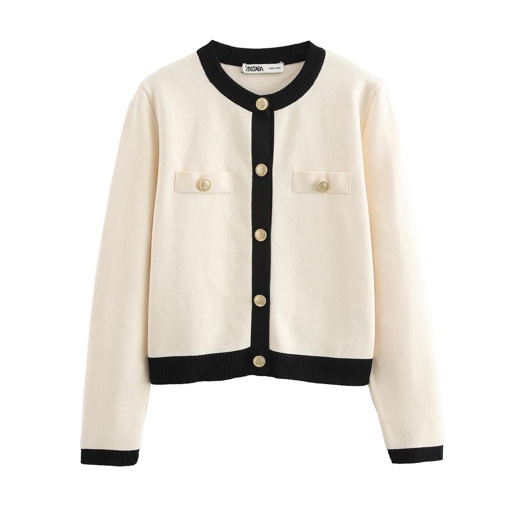 С золотыми пуговицами Traf осень/зима модный цветной короткий круглый вырез женский вязаный кардиган