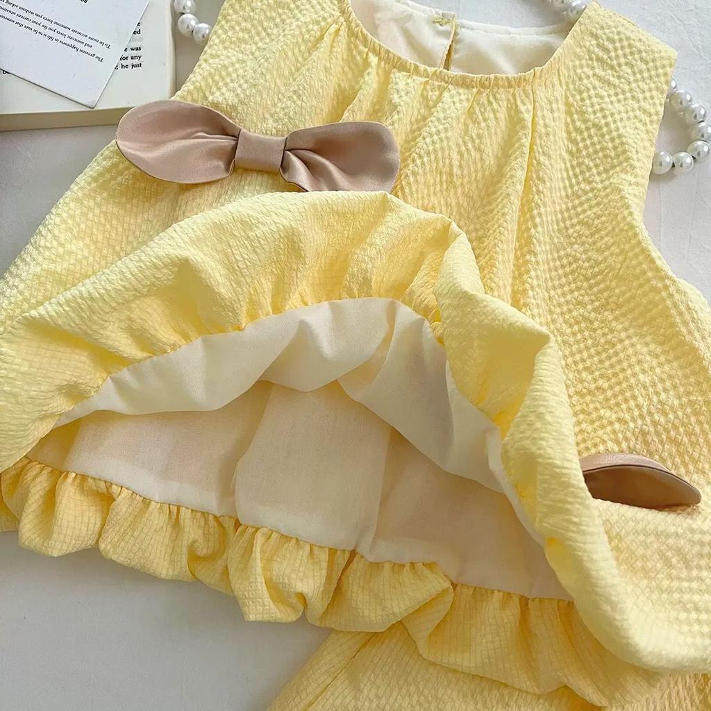 Летний комплект для девочек Корейский бант Безрукавка+шорты