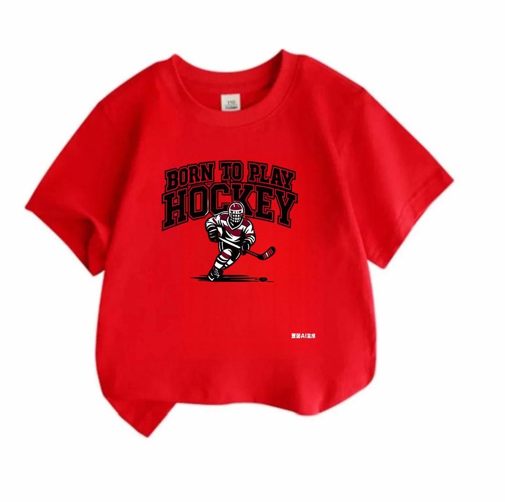 Kids Boys Girls 100% Cotton Crew Neck Short Sleeve T-Shirt, Born to Play Hockey Graphic Casual Tee for Ice Hockey Sport Loving Children, Soft Breathab