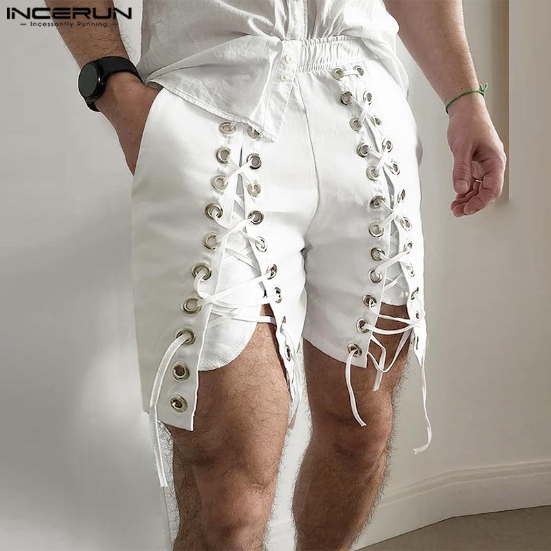 INCERUN Мужские эластичные повязки на талии сбоку, однотонные повседневные шорты со шнуровкой