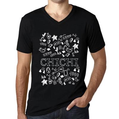 Мужская винтажная футболка Футболка с рисунком V-образным вырезом Doodle Art Chichi Deep Black White Text