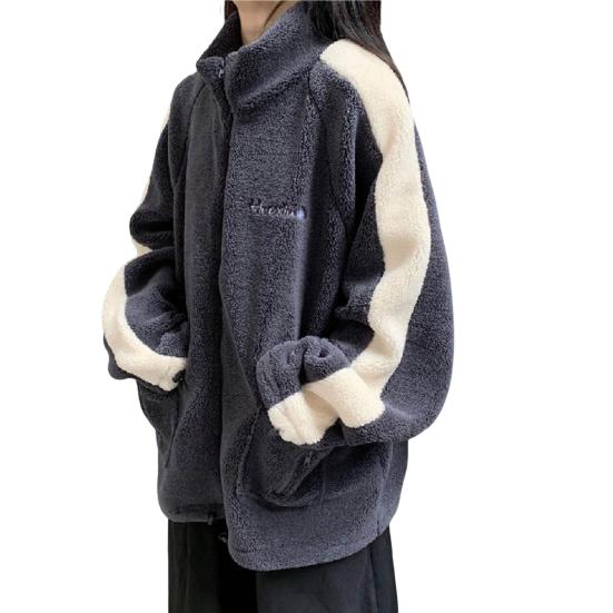 Зимнее женское пальто с воротником-стойкой, длинными рукавами, карманами, вышивкой, застежкой-молнией, цветные блоки, плотный флис, свободная спортивная повседневная куртка для повседневной носки