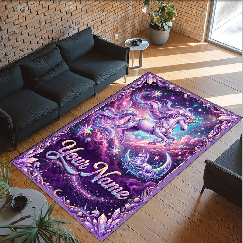 Unicorn Theme Crystal Velvet Floor Rug Personalized Custom Name Text Warm Carpet Home Decoration