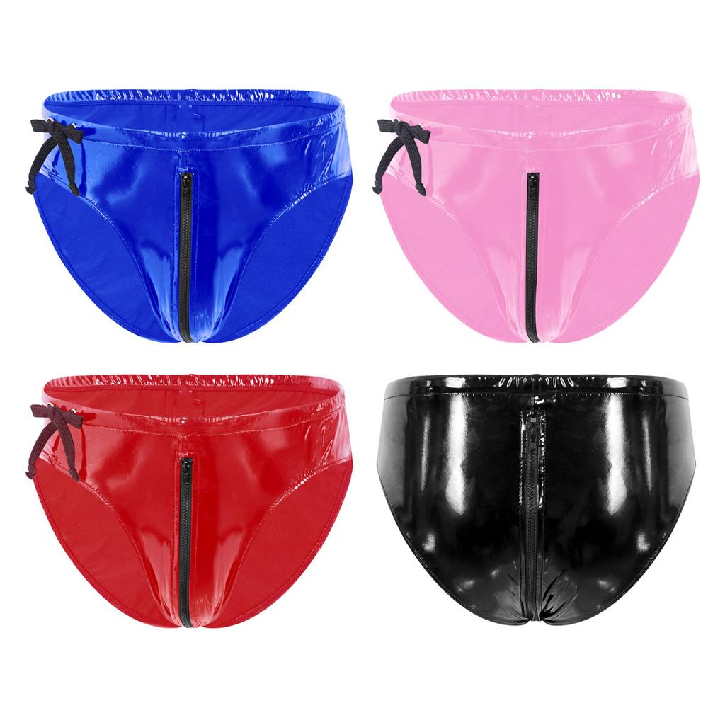 Mens Low Waist Zipper Briefs Wet Look Patent Leather Underwear Club Stage Show Costume