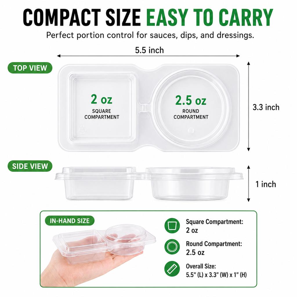 10/20/40 PACK Dual Compartment Condiment Containers With Lids Leakproof Plastic Snack Dip Cups For Lunch Box Daily Meal Prep
