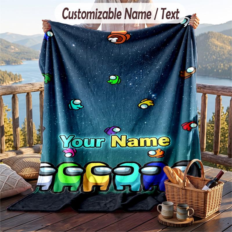 Among Us Flannel Blanket, Personalized Custom Name Text, Soft Warm Plush Throw Blanket For Gift
