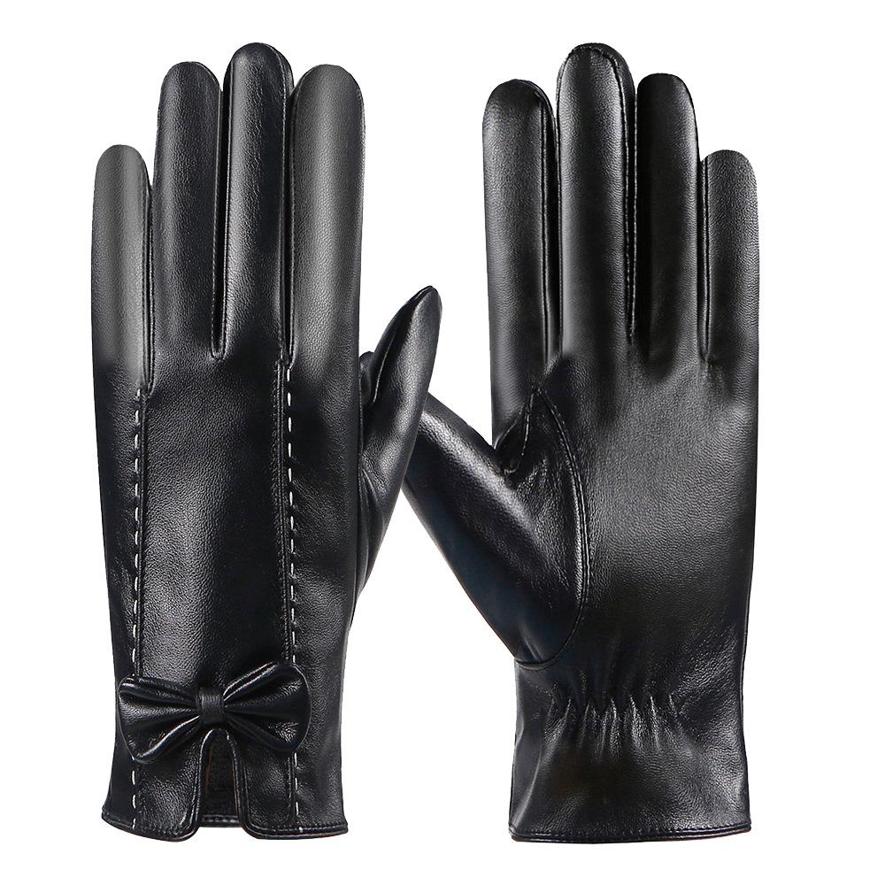 Autumn and Winter Warm Gloves for Women PU Leather Bow Plus Velvet Thickened Cold and Windproof Outdoor Driving Touch Screen