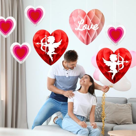 6 шт. украшение в виде сердца ко Дню святого Валентина, бумажные соты, подвесные украшения, романтические красные, розовые, сердечки для вечеринок