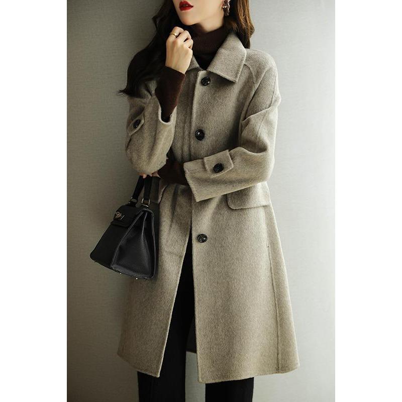 Новое осенне-зимнее пальто прямого кроя с узором «елочка» и темпераментным повседневным шерстяным жакетом средней длины с лацканами