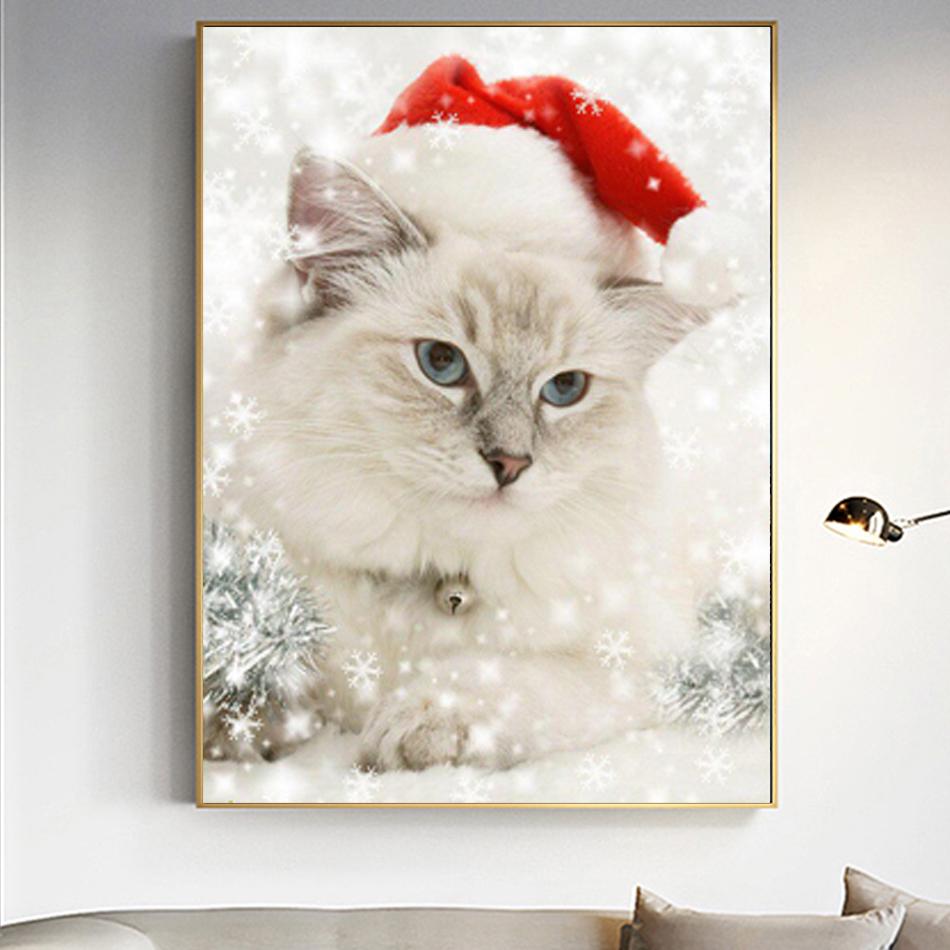 Полный дрель Алмазная картина Рождественский кот Алмазная вышивка Крестом Горный хрусталь Мозаика Декор