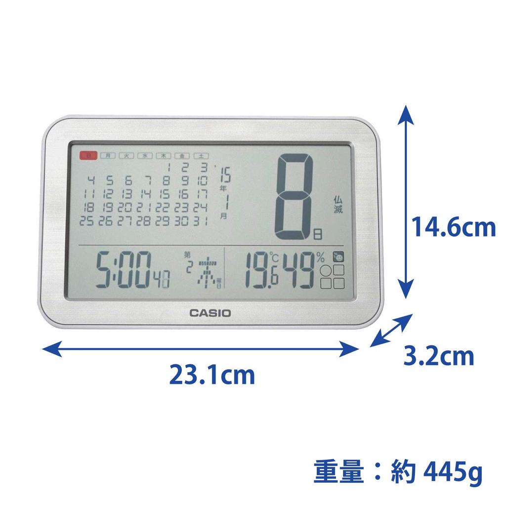 Настенные часы CASIO с радиоприемником, серебристые, цифровые, Rokuyo, дисплей с календарем и температурой, влажностью, можно использовать как подставку IDC-800J-8JF