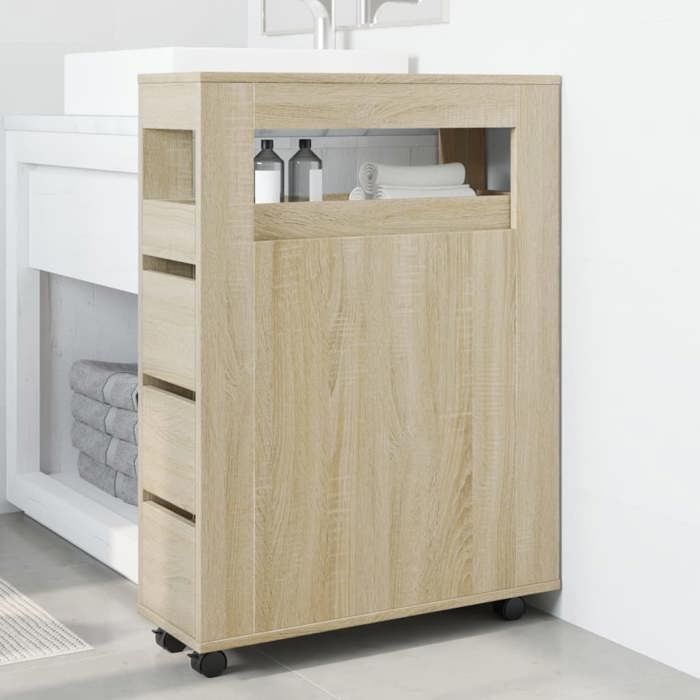 VidaXL Meuble étroit de salle de bain à roulettes chêne sonoma, rangement de salle de bain étroit, rangement étroit pour 855270