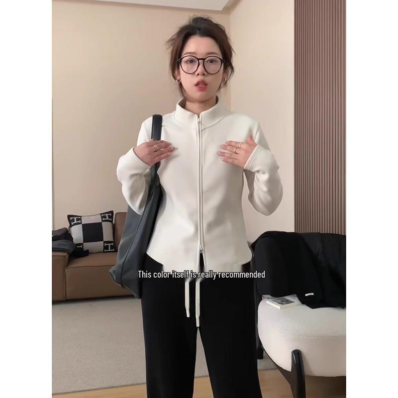 Женский велюровый кардиган на двойной молнии со стойкой - Толстовка-куртка с длинным рукавом, уплотненная, для осени/зимы 2025.