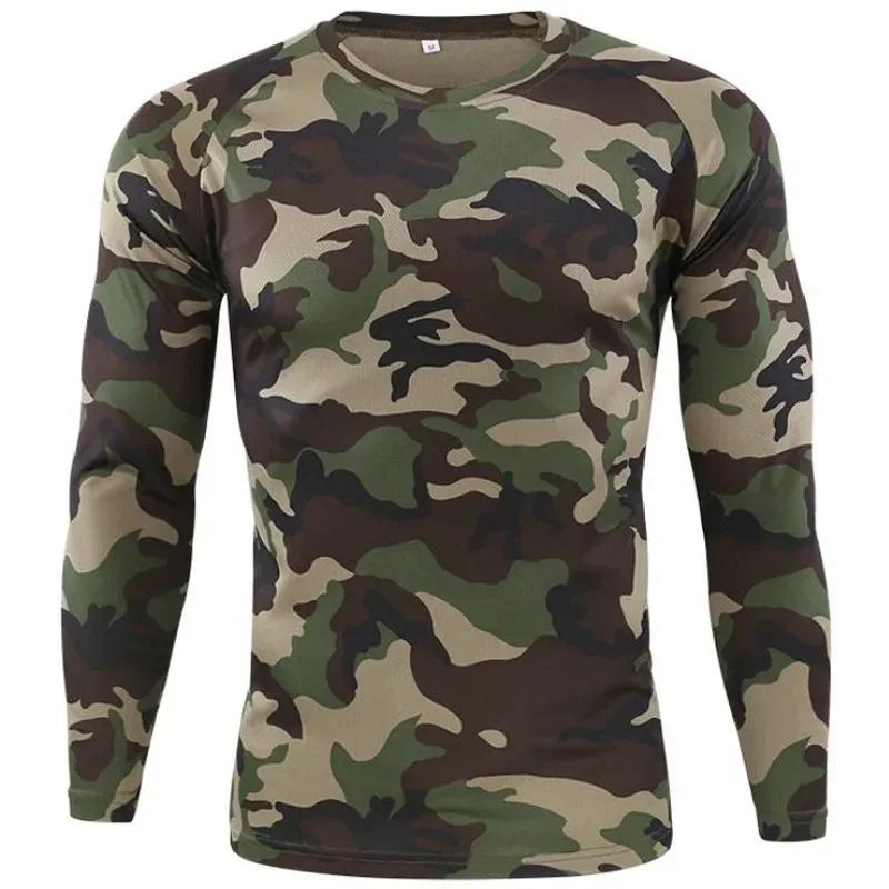 Мужская уличная камуфляжная военная охотничья спортивная футболка с длинным рукавом, модная свободная быстросохнущая футболка с круглым вырезом, военная тактика
