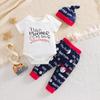 6-18 Months Baby Boy Short Sleeve Letter Cotton Bodysuit Baseball Print Pants And Hat Outfit Set
