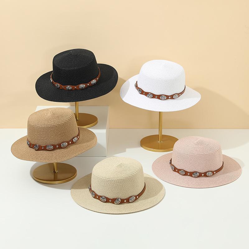 Summer new rivet belt straw woven flat top hat casual retro sun hat travel vacation straw hat sun protection hat women