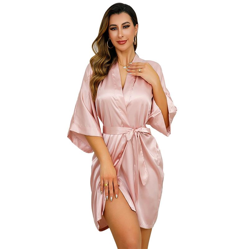 Женский однотонный халат-кимоно из шелковистой ткани - Длинный, сексуальный халат с запахом и домашняя одежда