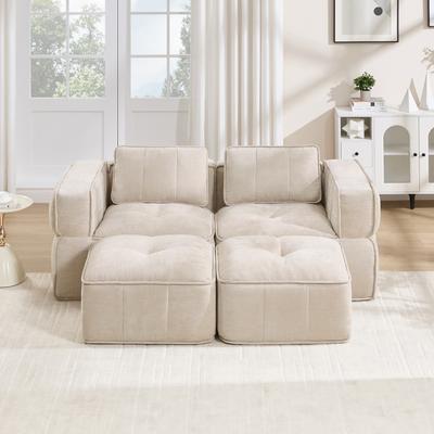 Modular Two-Seater Sofa with Two Stools, Without Struts, 32D High-Density Foam, Deep Seat, Soft Fabric, Ideal for Living Room and Apartment, Beige.