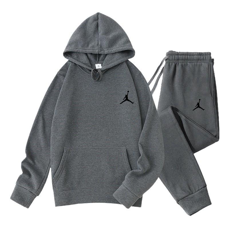 Mens Hooded Fleece-Lined Casual Sportswear Set Winter Long Sleeve Top Pants