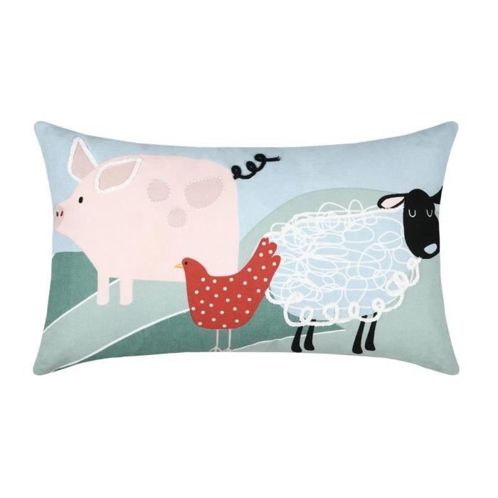 Coussin décoratif - Les animaux de Tom - 30 x 50 cm - Déhoussable - Motif campagne - Intérieur