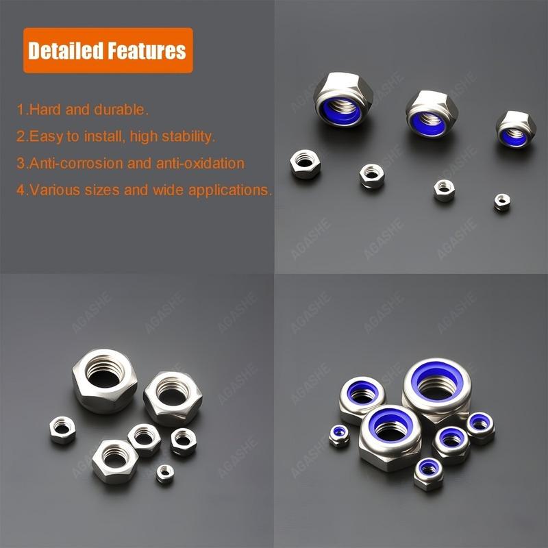 220 Pieces of Stainless Steel Nylon Embedded Anti-Slip and Anti-Loosening Self-Locking Nuts, M3 M4 M5 M6 M8 M10 M12