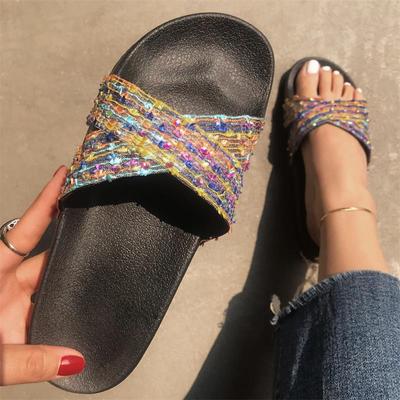 Летние радужные сандалии 2024 года и повседневные тапочки на плоской подошве, сандалии со стразами и бриллиантами