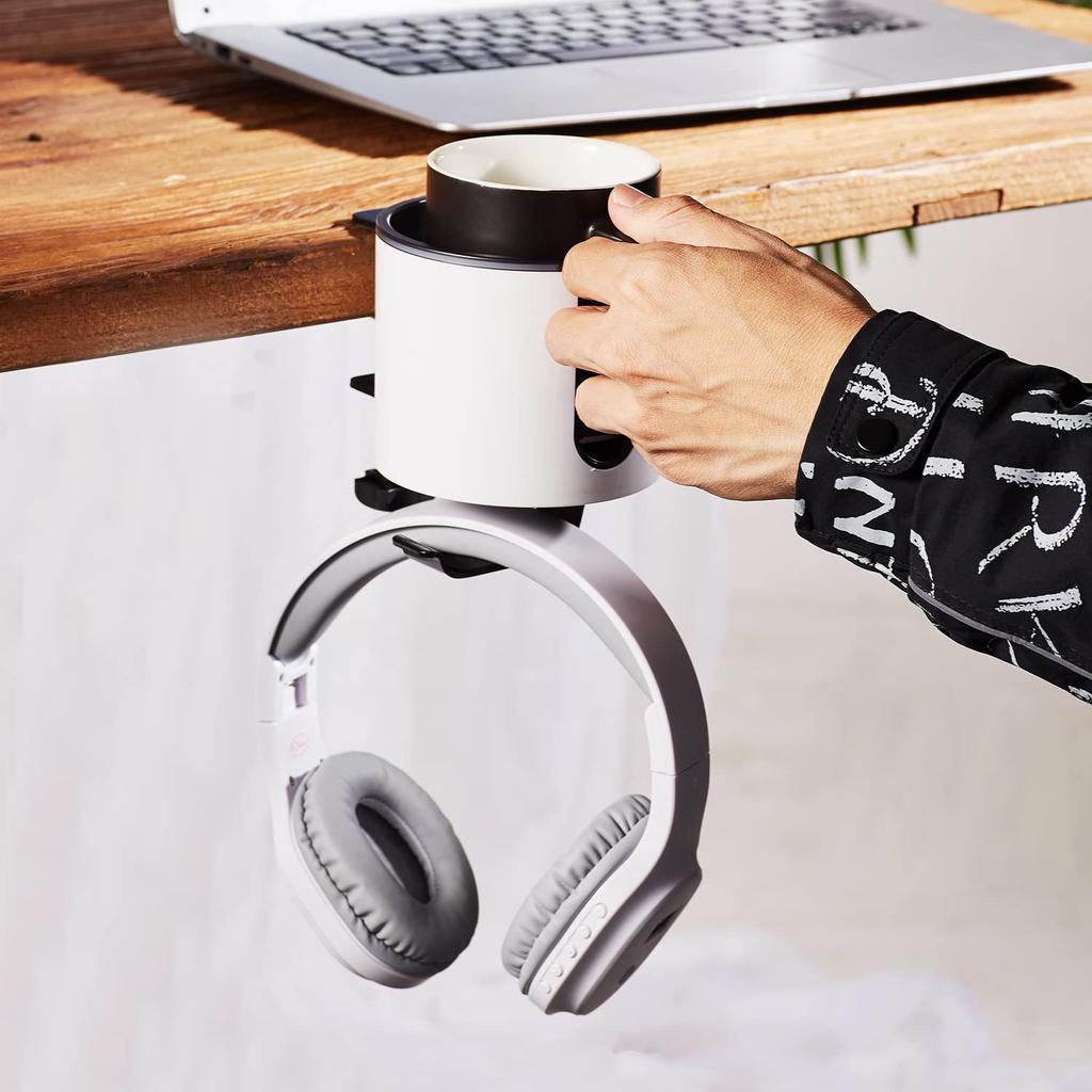 Bitze Luxury 2-in-1 Drink Cup Holder, Desk Cup Holder, Multifunctional Storage Rack for Computer Desks, and Earphone Holder (White)
