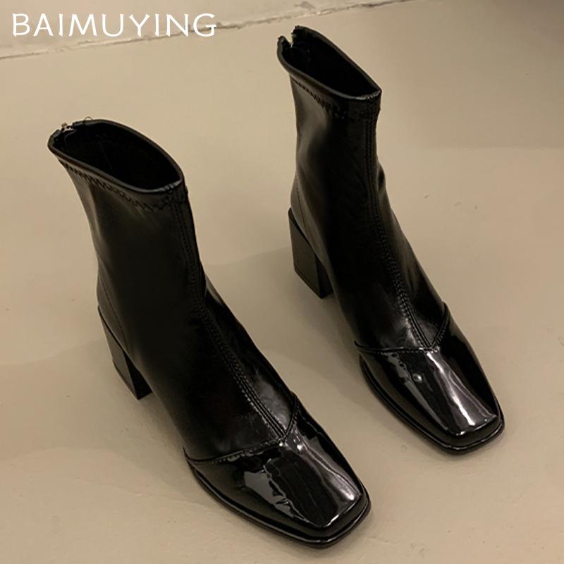 Leather Women Snow Ankle Boots Mid Heels Designer Pumps Square Toe Chunky Fashion Shoes Winter 2026 Trend New Goth Botas Mujer