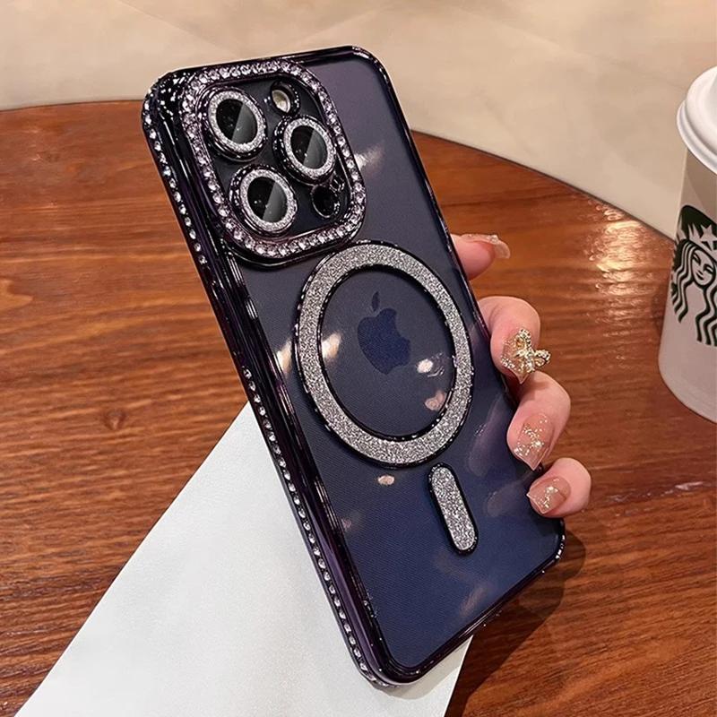 Модный прозрачный чехол для телефона с блестящими бриллиантами для iPhone 16 15 14 13 12 11 Pro Max 15 Plus с магнитной поддержкой Magsafe для беспроводной зарядки