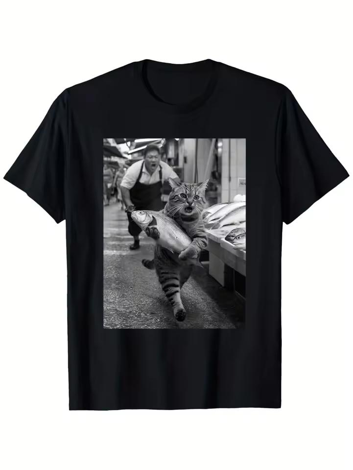 Men's T-shirt Featuring A Fun "cat Stealing Fish" Graphic; A Casual Outdoor Tee Suitable for Everyday Wear.