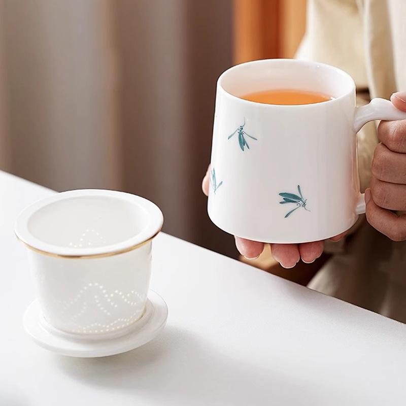 Suet jade porcelain teacup hand-painted personal ceramic office drinking teacup large capacity filter single brewing tea cup water cup