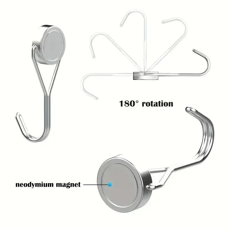 4Pcs Versatile Heavy-Duty Magnetic Hooks E16 Swivel Neodymium Metal Shell Non Perforated Multipurpose Hanging Solutions for Home
