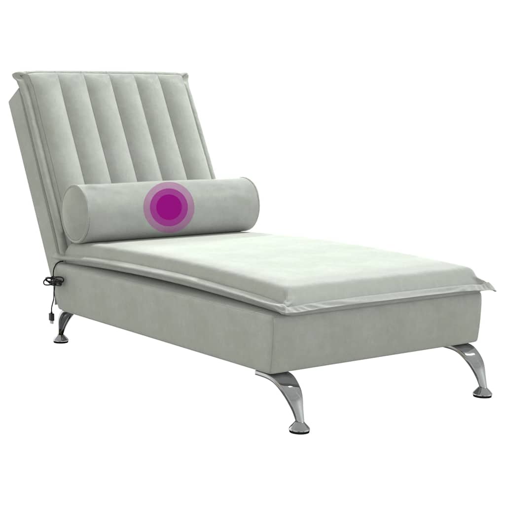Massage Chaise Lounge with Neck Roll Light Grey Velvet