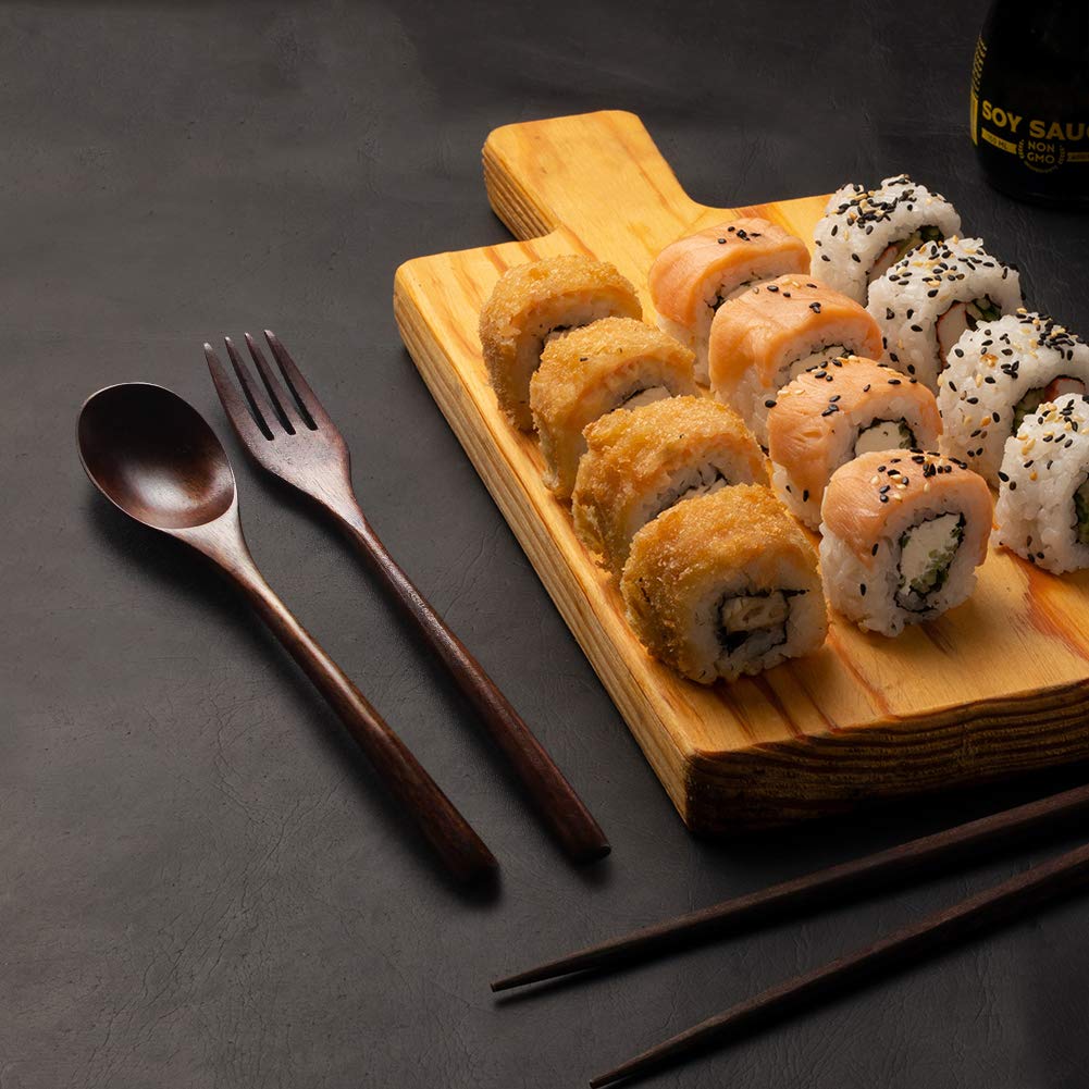 Деревянная ложка, вилка и палочки для еды AOOSY (Набор из 6 предметов, Набор из 2 предметов) - Набор посуды из натурального дерева, вырезанный из цельного куска дерева, без клея, с натуральным