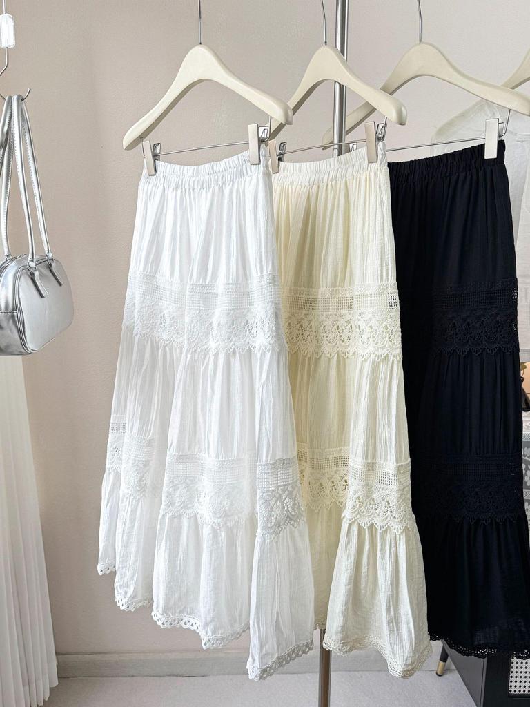 Юбка-миди А-силуэта в корейском стиле с кружевной отделкой 2026 - С высокой талией, многоярусный дизайн "торт"