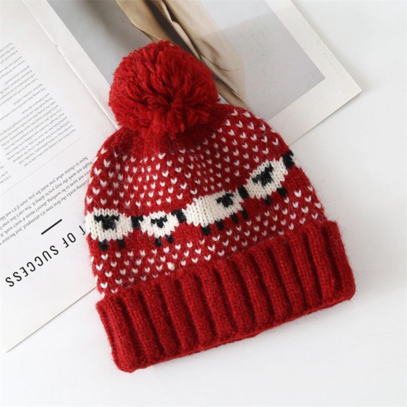 Fair Island red hat women's autumn and winter cute wool hat showing a small face warm knitted hat ear protector cold hat