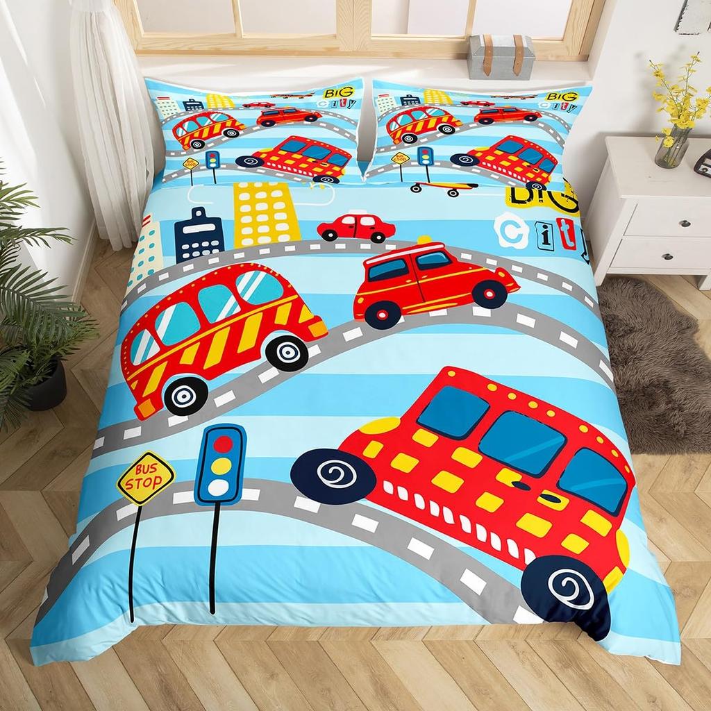Comforter Cartoon Truck Twin City Landscape Bedding Set Hand Drawn Cartoon Vehicles City Map Railway Train Comforter