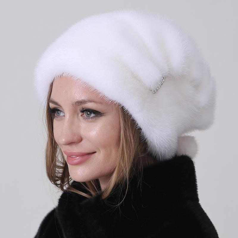 Women's Winter White Snow Hat Luxury Natural Mink Fur Christmas Hat, Warm Soft Fluffy Trapper Cap for Outdoor Cold Weather