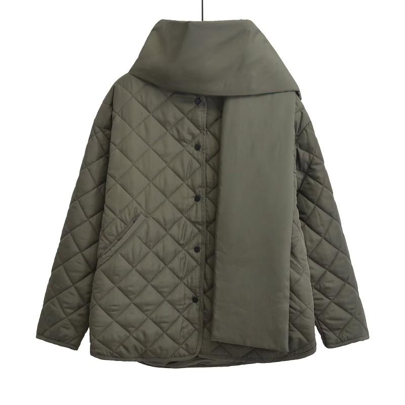 Womens Oversized Quilted Cotton Puffer Coat With Scarf Collar Casual Streetwear Winter Jacket
