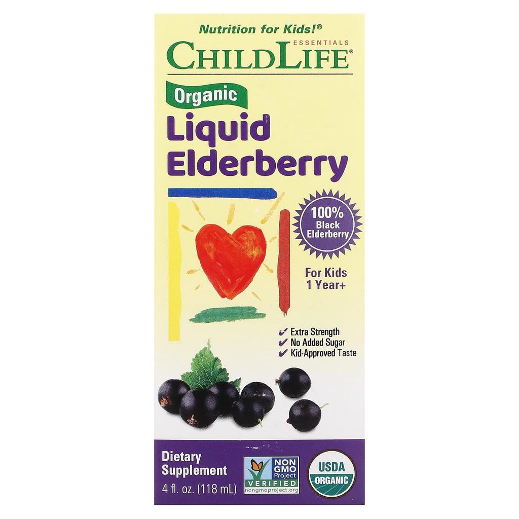 ChildLife Essentials Organic Liquid Elderberry, Ages 1+, 4 Fl Oz (118 Ml)