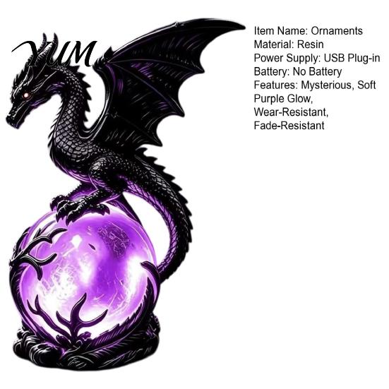 Fantasy Collection Item Gothic Dragon Night Light, Resin Statue with Purple Glowing Crystal Luminous Ball Sphere, Table Lamp for Halloween Home