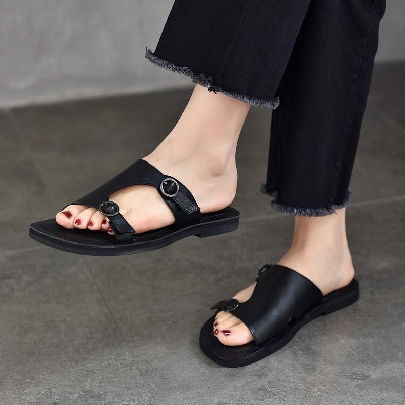 Johnature Retro Genuine Leather Flat Slippers Round Toe Solid Colors Soft Sole Women Outdoor Slides